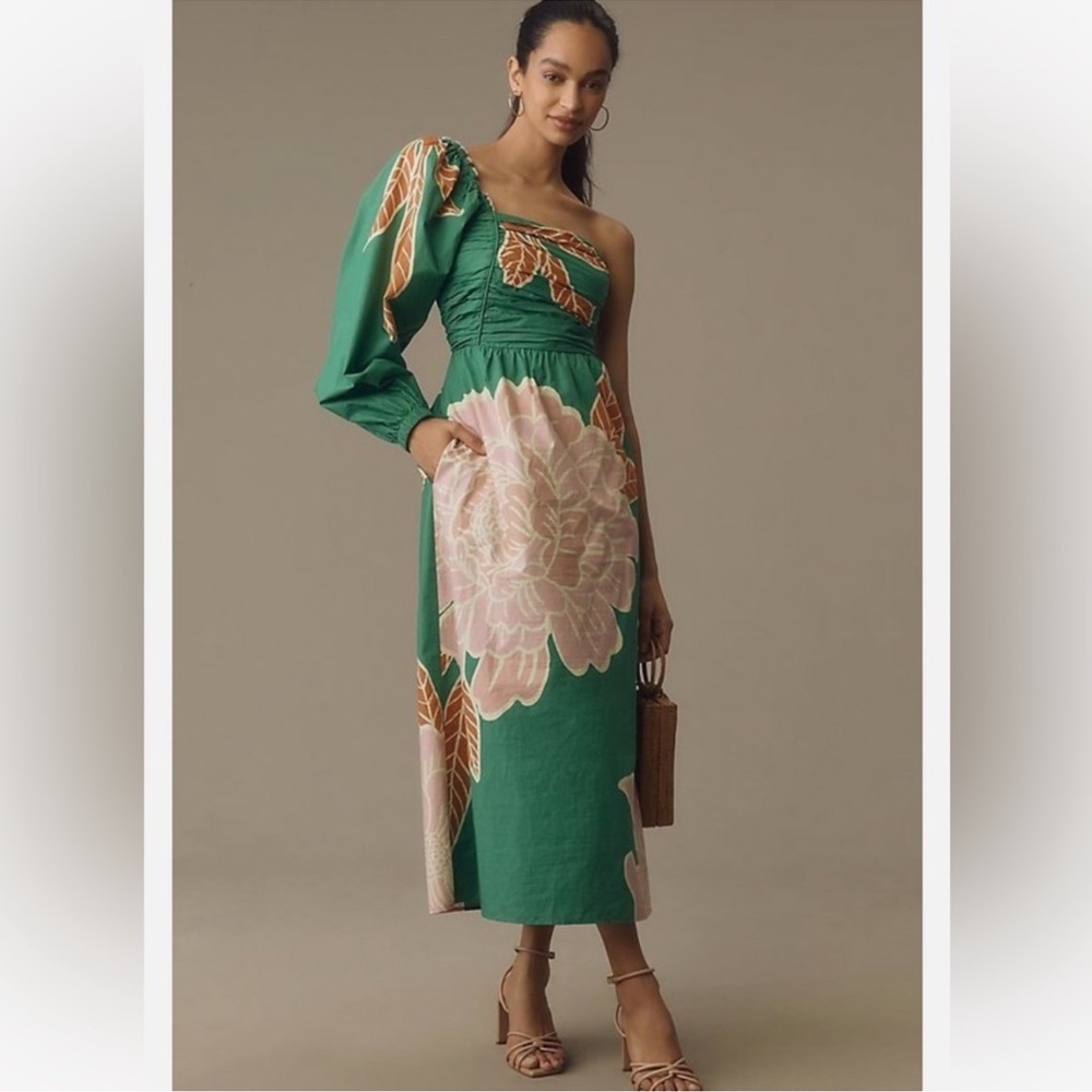 Anthropologie One-Shoulder Green Floral Midi Dress